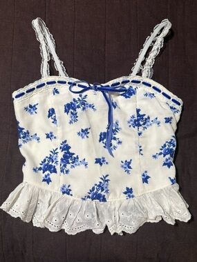 Thirty Thirty White & Blue Floral Lace Trim Cami Top